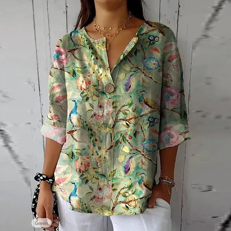 Blouse Élégante à Motif Floral – Confort Printanier avec Col Pointu