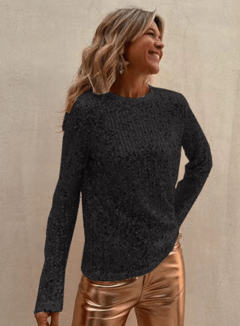 Blouse Élégante à Sequins Noire, Manches Longues, Tissu Fluide et Confortable pour Soirées Chics - Tailles S à XXL