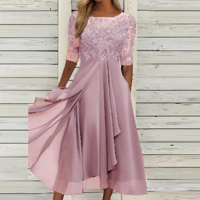 Lång A-linje chic aftonklänning med spetsbroderi och genomskinliga ärmar för speciella evenemang