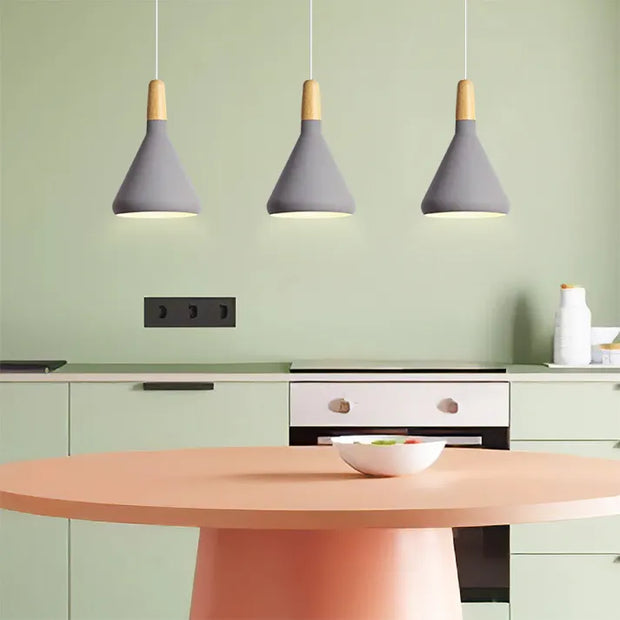 Fancy French macaron cone pendant – Elegant aluminum and wood lamp for a stylish touch