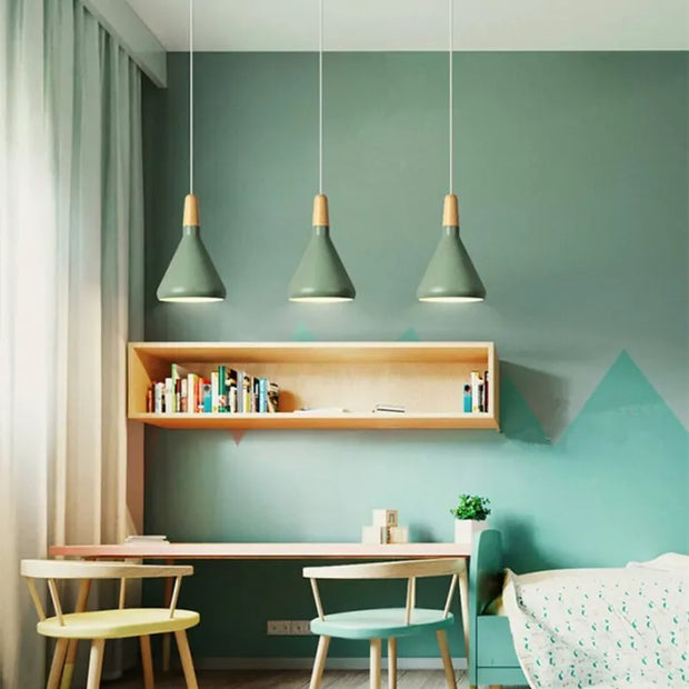 Fancy French macaron cone pendant – Elegant aluminum and wood lamp for a stylish touch