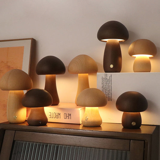Lampe Champignon en Bois à Contrôle Tactile Écologique – Charme LED Rechargeable
