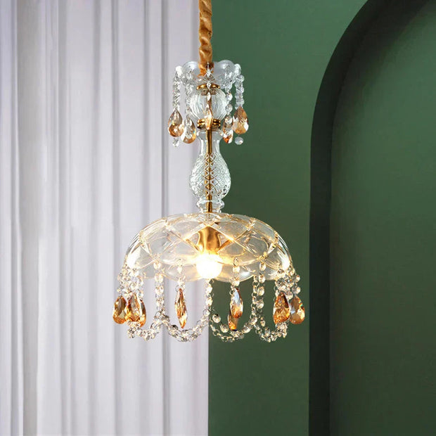Chic rattan and crystal LED lampshade - Elegant lighting for your living room, kitchen, or terrace