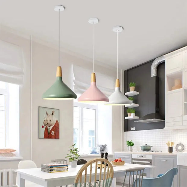 Fancy French macaron cone pendant – Elegant aluminum and wood lamp for a stylish touch