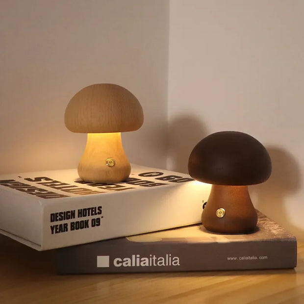 Eco-Friendly Wooden Mushroom Lamp with Touch Control – Rechargeable LED Charm