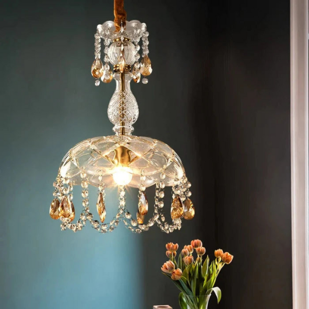 Chic rattan and crystal LED lampshade - Elegant lighting for your living room, kitchen, or terrace