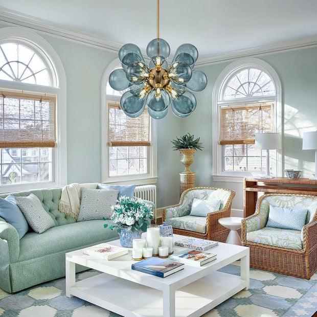 Superb blue spherical bubble chandelier - Contemporary pendant light with artistic glass design