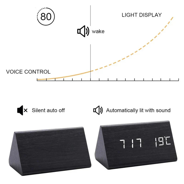 Elegant wooden LED alarm clock - Contemporary design with a bright digital display