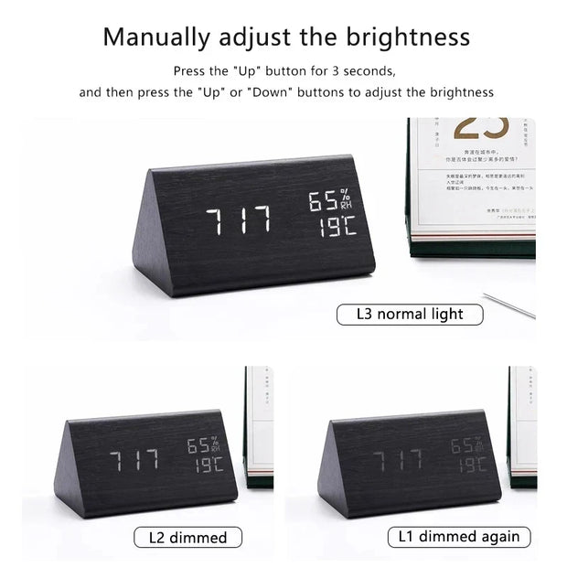 Elegant wooden LED alarm clock - Contemporary design with a bright digital display