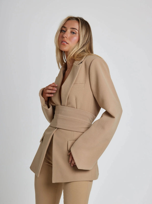 Women's Fitted Elegant Blazer with Belt - Classic Black or Navy Blue, Modern Style for Office and Formal Events