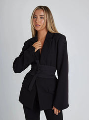 Women's Fitted Elegant Blazer with Belt - Classic Black or Navy Blue, Modern Style for Office and Formal Events