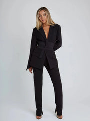 Women's Fitted Elegant Blazer with Belt - Classic Black or Navy Blue, Modern Style for Office and Formal Events