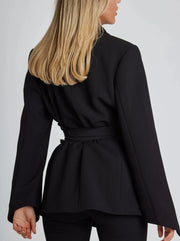 Women's Fitted Elegant Blazer with Belt - Classic Black or Navy Blue, Modern Style for Office and Formal Events