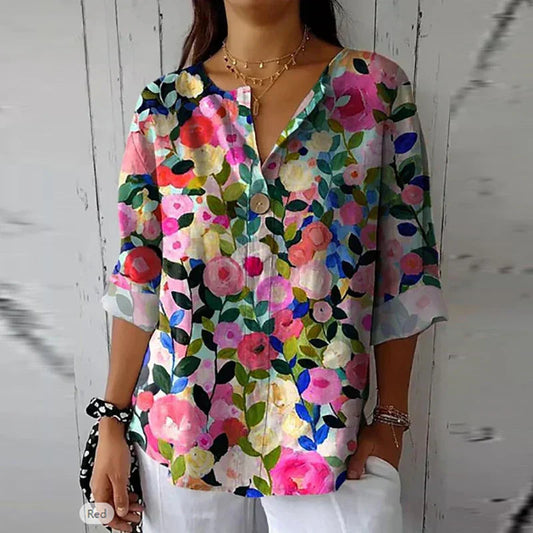 Blouse Élégante à Motif Floral – Confort Printanier avec Col Pointu