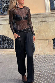 Elegant Black Sequin Blouse, Long Sleeves, Fluid and Comfortable Fabric for Chic Evenings - Sizes S to XXL