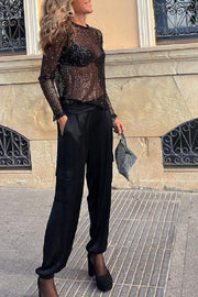 Elegant Black Sequin Blouse, Long Sleeves, Fluid and Comfortable Fabric for Chic Evenings - Sizes S to XXL