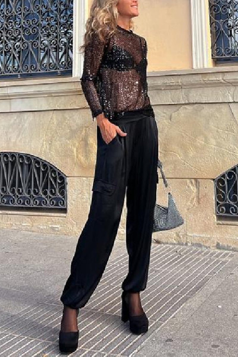 Blouse Élégante à Sequins Noire, Manches Longues, Tissu Fluide et Confortable pour Soirées Chics - Tailles S à XXL