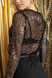 Elegant Black Sequin Blouse, Long Sleeves, Fluid and Comfortable Fabric for Chic Evenings - Sizes S to XXL