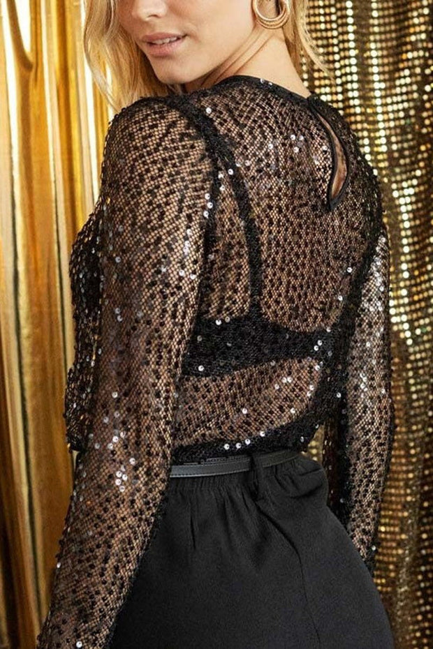 Elegant Black Sequin Blouse, Long Sleeves, Fluid and Comfortable Fabric for Chic Evenings - Sizes S to XXL