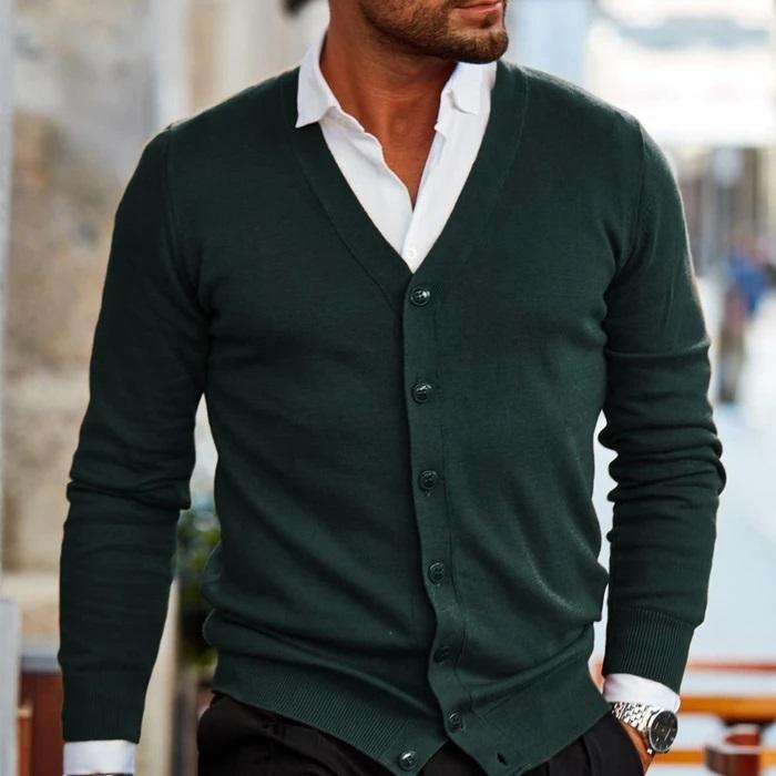 Cardigan Homme Élégant en Tissu Doux avec Col en V et Boutons – Idéal pour Tenues Décontractées et Formelles