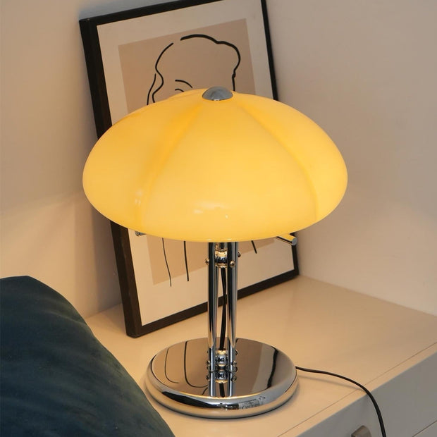 Elegantly designed Bauhaus table lamp by Pilz – Chic fusion of glass and metal with warm amber lampshade