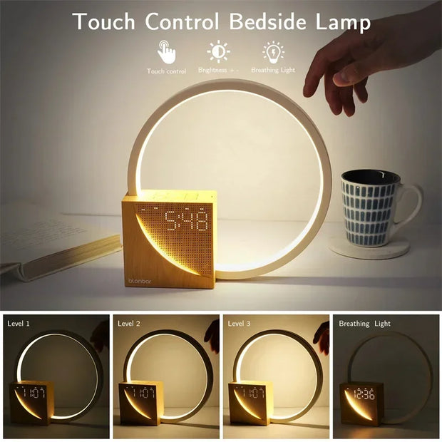 Elegant wooden touch control alarm clock lamp – Chic night light for your space