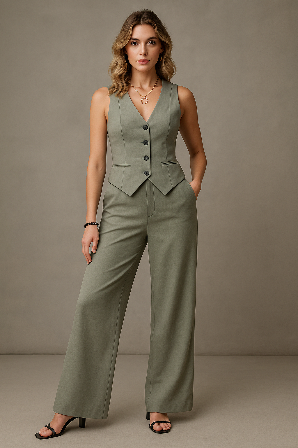 Chic damespak set in polyester grijs - Twee stukken met gilet en broek, maat M