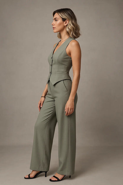 Chic damespak set in polyester grijs - Twee stukken met gilet en broek, maat M