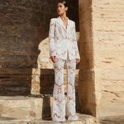 Elegant Women's Suit Set with Sequins and Lace, Fitted Blazer and Flowing Pants for Evenings and Events