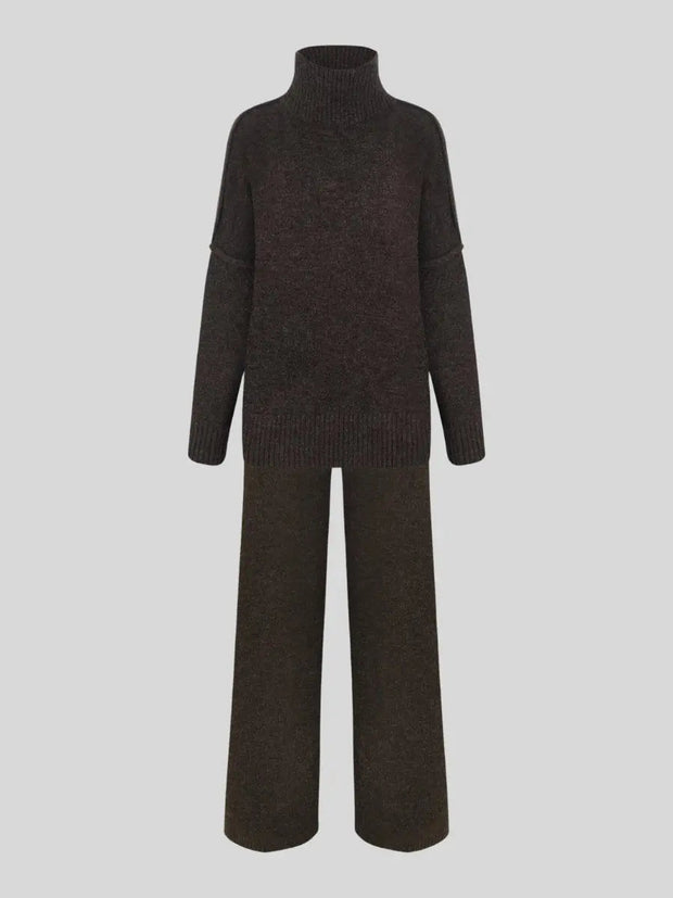 Women's Knitted Suit Set, Turtleneck Sweater and Wide Pants – Elegance and Comfort for Everyday Wear