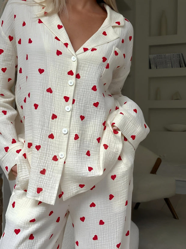Ensemble de Pyjama Femme Coton Doux – Design Tendance Motif Cœur Multicolore, Tissu Respirant, Confort Maximal