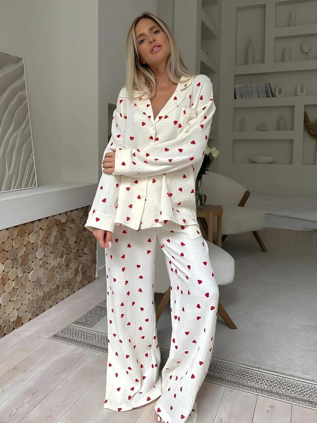 Ensemble de Pyjama Femme Coton Doux – Design Tendance Motif Cœur Multicolore, Tissu Respirant, Confort Maximal