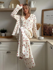 Ensemble de Pyjama Femme Coton Doux – Design Tendance Motif Cœur Multicolore, Tissu Respirant, Confort Maximal