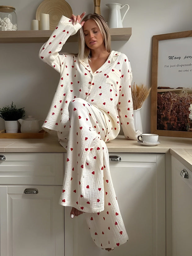 Ensemble de Pyjama Femme Coton Doux – Design Tendance Motif Cœur Multicolore, Tissu Respirant, Confort Maximal