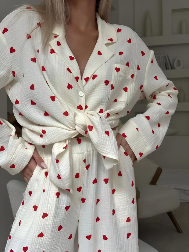Ensemble de Pyjama Femme Coton Doux – Design Tendance Motif Cœur Multicolore, Tissu Respirant, Confort Maximal