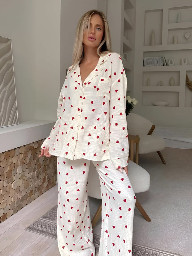 Ensemble de Pyjama Femme Coton Doux – Design Tendance Motif Cœur Multicolore, Tissu Respirant, Confort Maximal