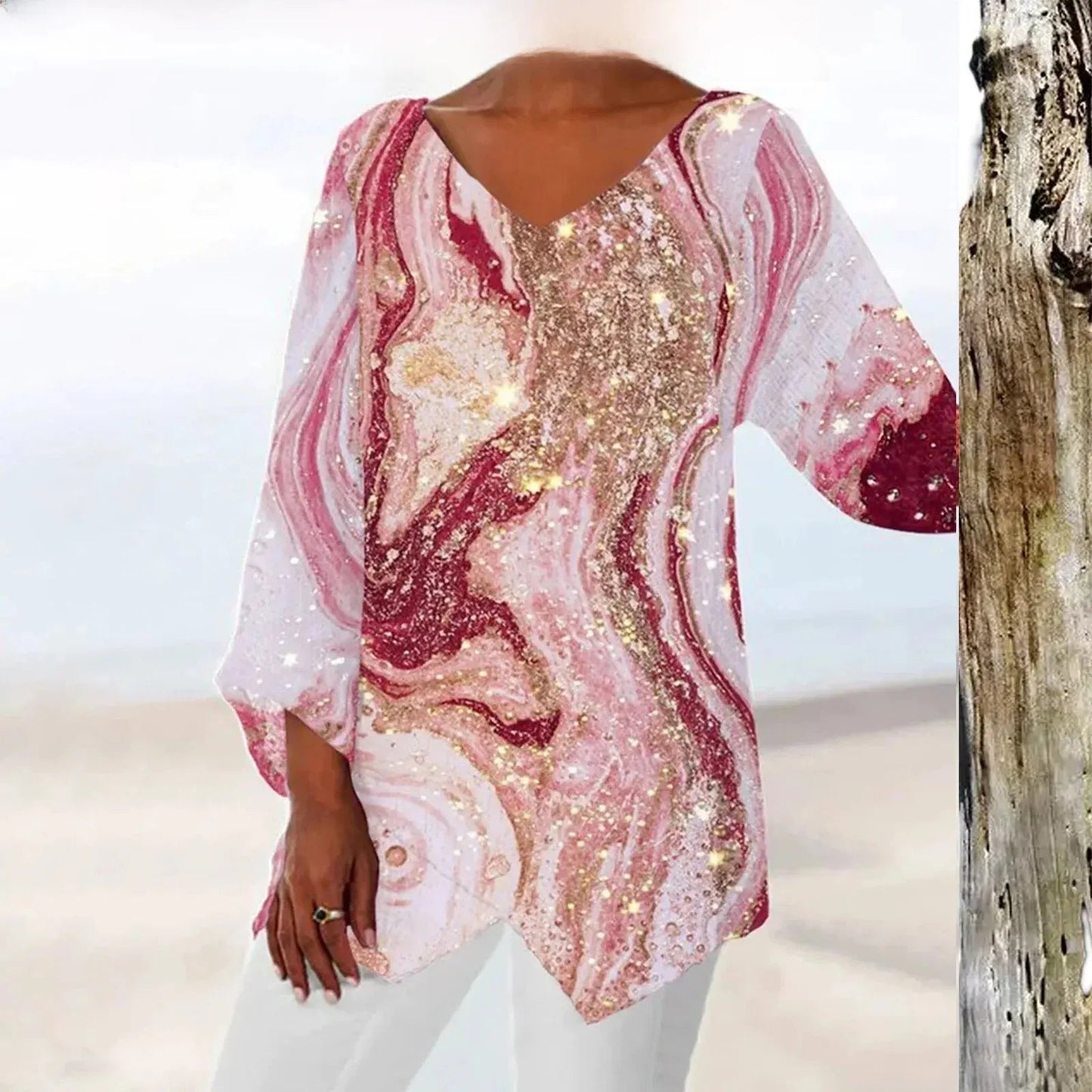 Haut Blanc Femme Élégant avec Décolleté en V et Imprimé – Confort et Style pour Toutes Occasions