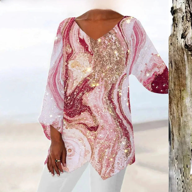 Elegant White Women's Top with V-Neck and Print – Comfort and Style for All Occasions