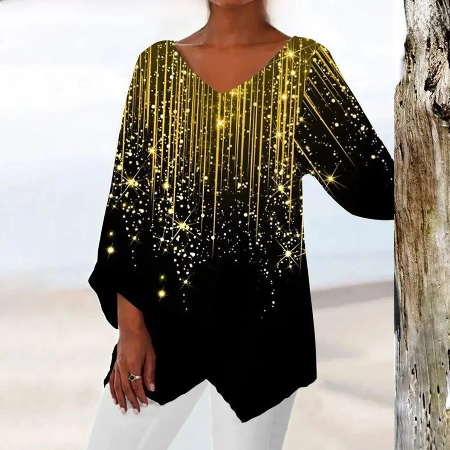 Haut Blanc Femme Élégant avec Décolleté en V et Imprimé – Confort et Style pour Toutes Occasions