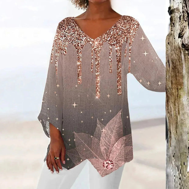 Elegant White Women's Top with V-Neck and Print – Comfort and Style for All Occasions