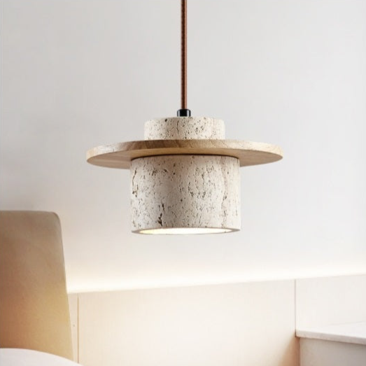 Elegant Pendant Light in Travertine and Wood – Timeless Natural Elegance with Integrated LED