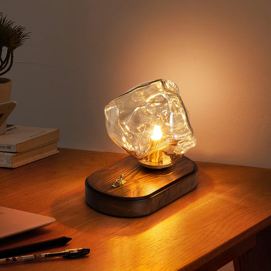 Lampe de table en verre Chic Ice Stone – Mélange élégant de base en métal et en bois