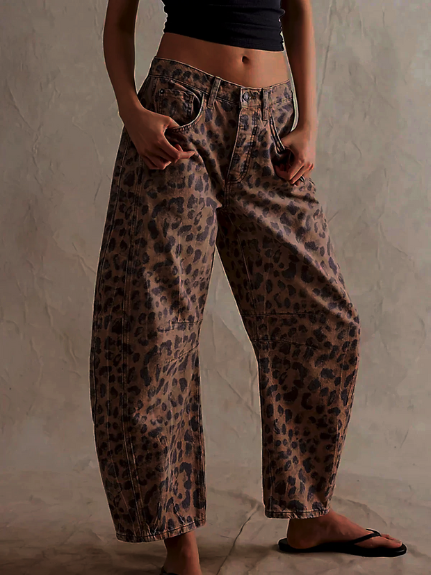 Jean Large Women Leopard Print Mid-High Waist - Comfortable and Trendy Wide Pants