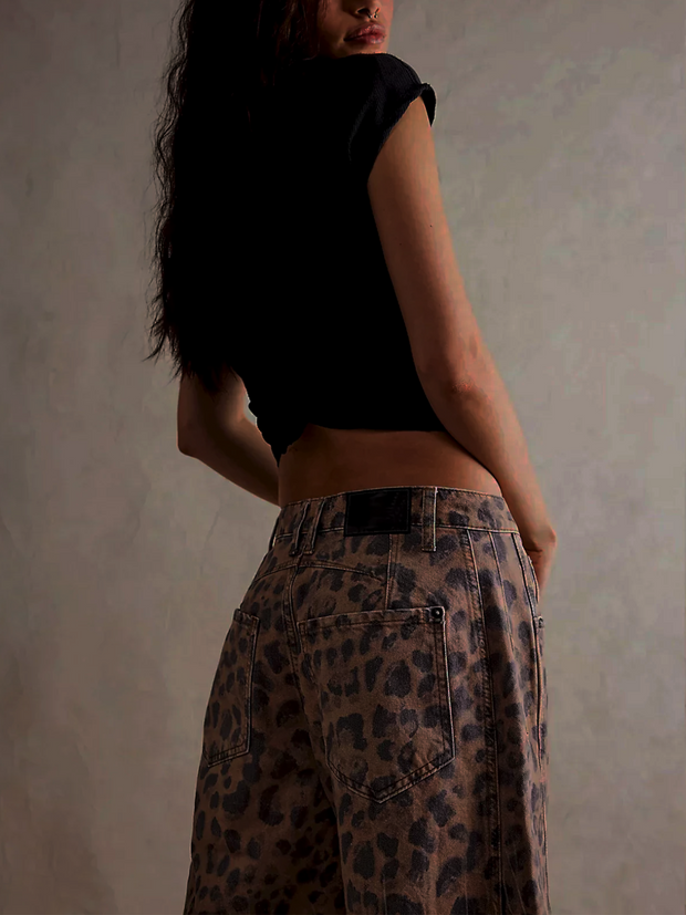 Jean Large Women Leopard Print Mid-High Waist - Comfortable and Trendy Wide Pants