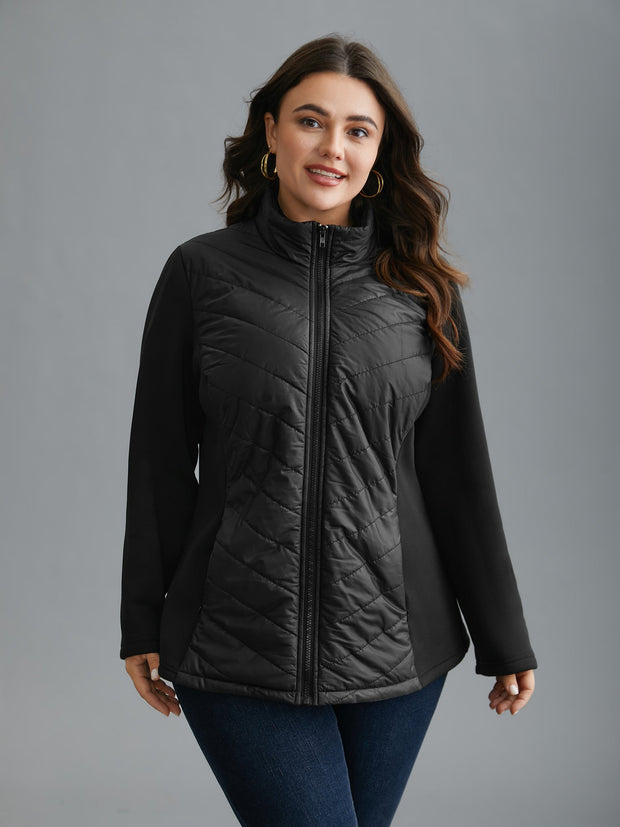 Women's Winter Coat Zipped Black High Collar in Polyester - Long Chic and Comfortable Coat