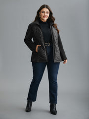 Women's Winter Coat Zipped Black High Collar in Polyester - Long Chic and Comfortable Coat