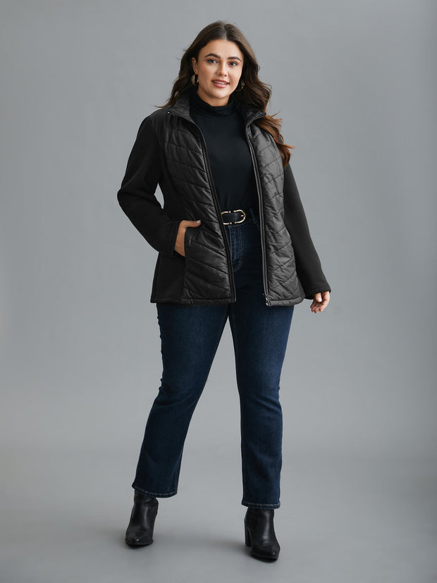 Women's Winter Coat Zipped Black High Collar in Polyester - Long Chic and Comfortable Coat