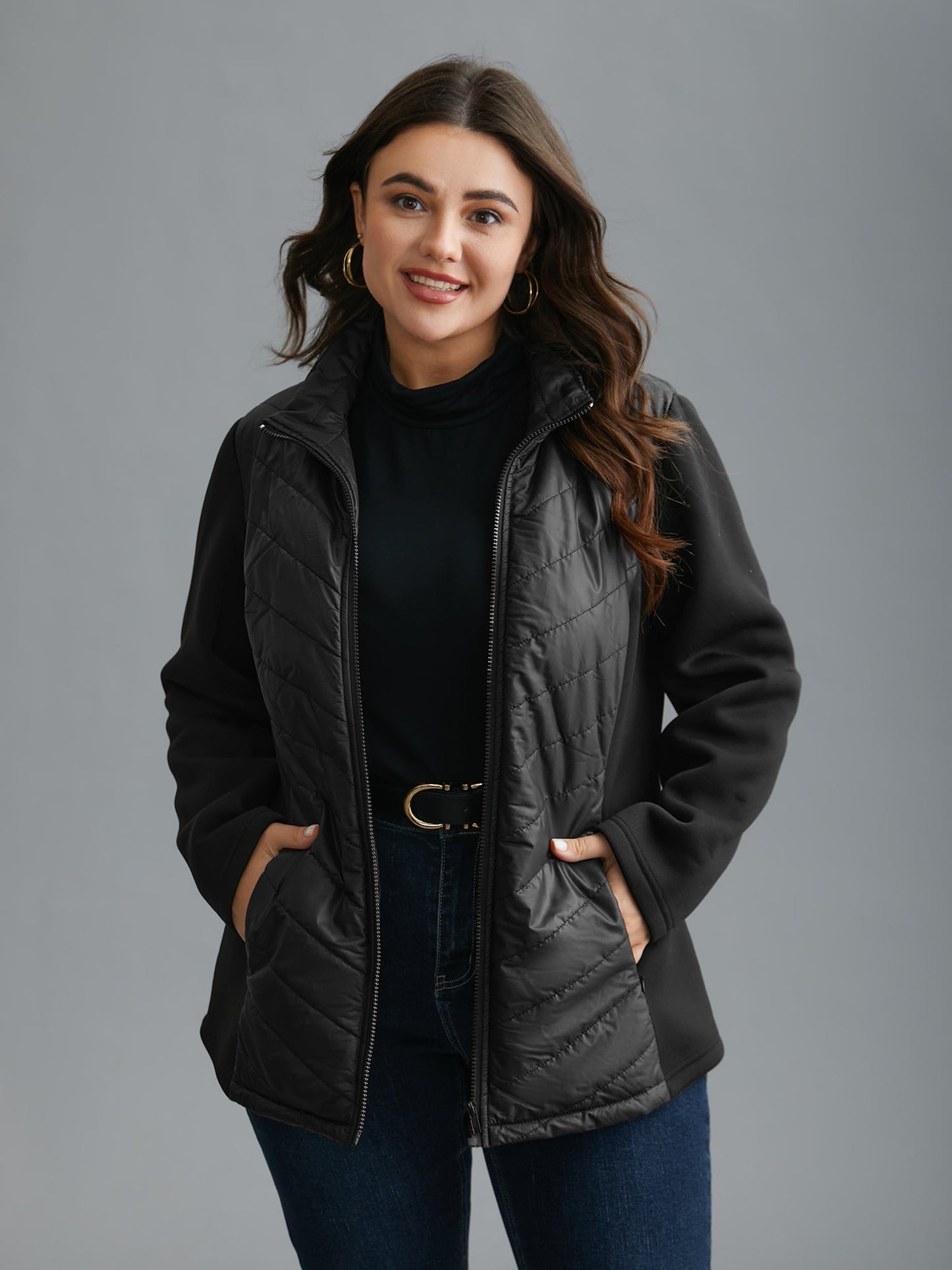 Winterjas Dames Met Rits Zwart Opstaande Kraag Polyester - Lange Jas Chic en Comfortabel