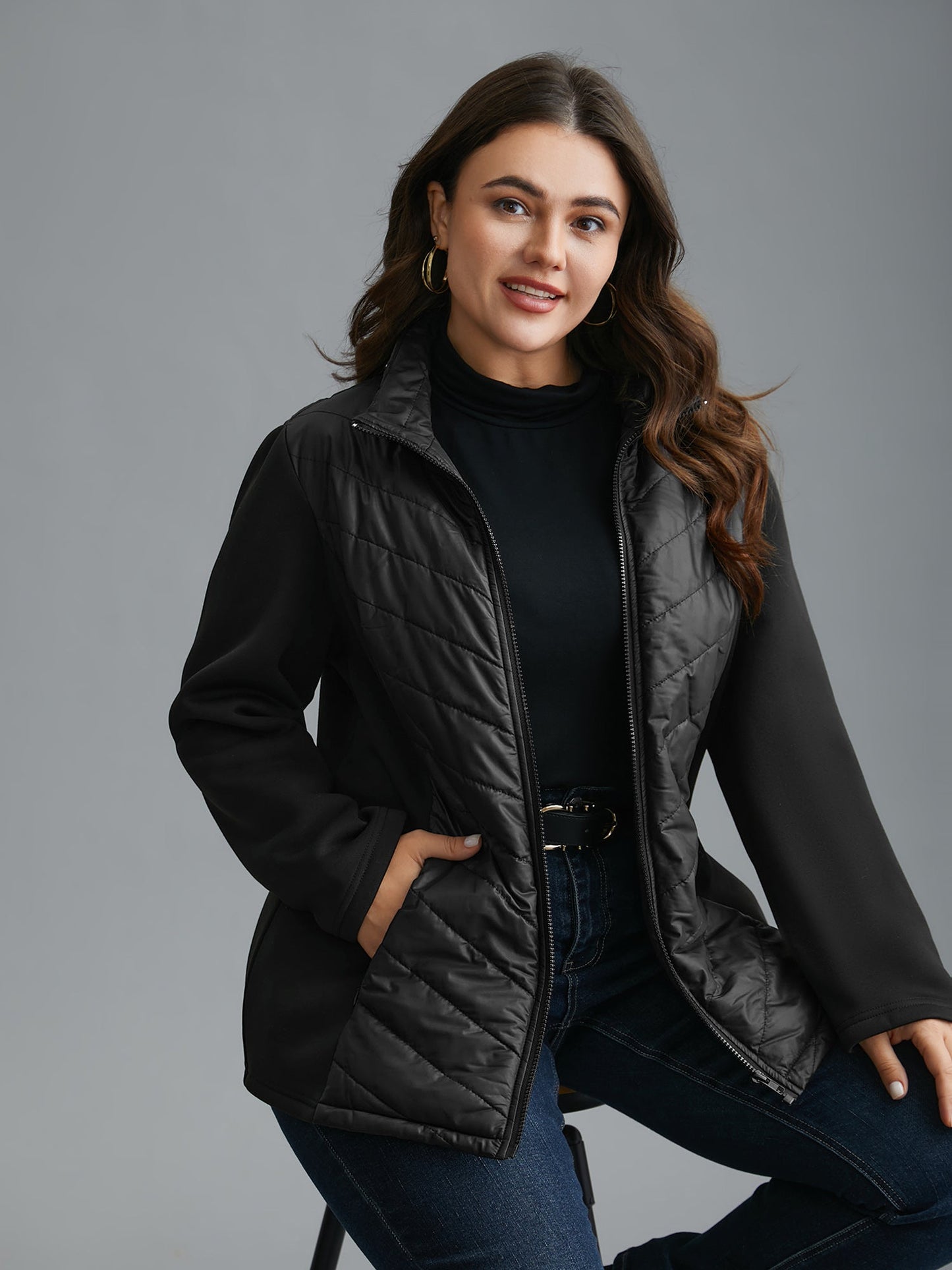 Winterjas Dames Met Rits Zwart Opstaande Kraag Polyester - Lange Jas Chic en Comfortabel