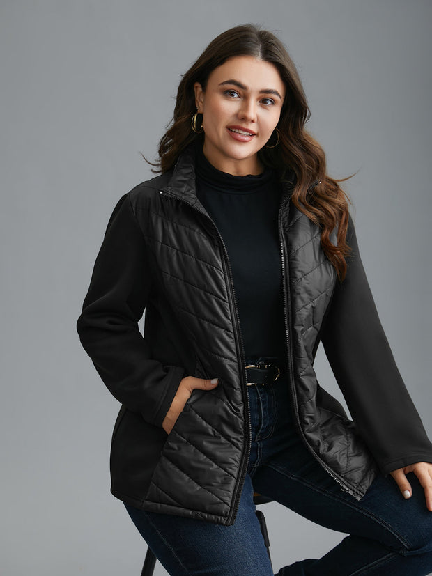 Women's Winter Coat Zipped Black High Collar in Polyester - Long Chic and Comfortable Coat